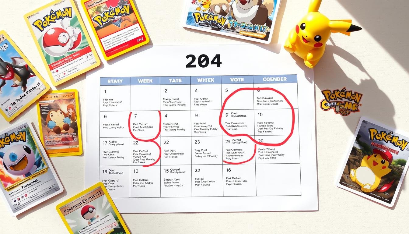 Kalender mit markierten Pokémon Karten Box Event-Terminen 2024