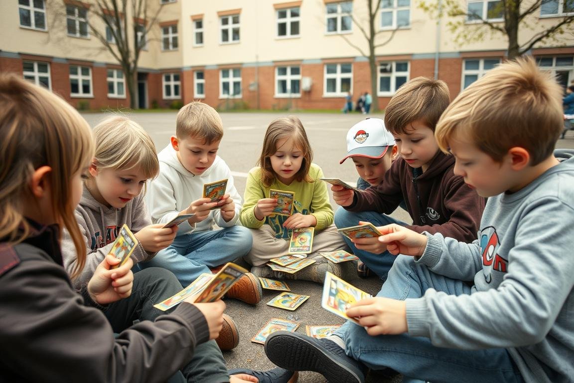 Kinder tauschen Pokémon Karten auf dem Schulhof in den frühen 2000er Jahren
