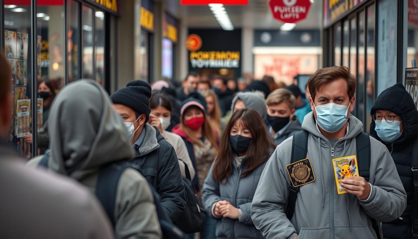 Lange Schlangen vor Spielwarengeschäften während des Pokémon Karten Booms in der Pandemie