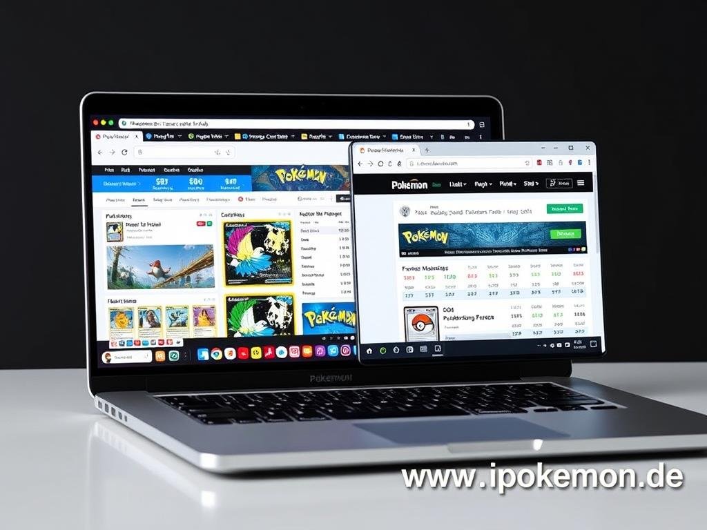 Laptop zeigt verschiedene Pokémon Karten Preis-Tracking-Websites
