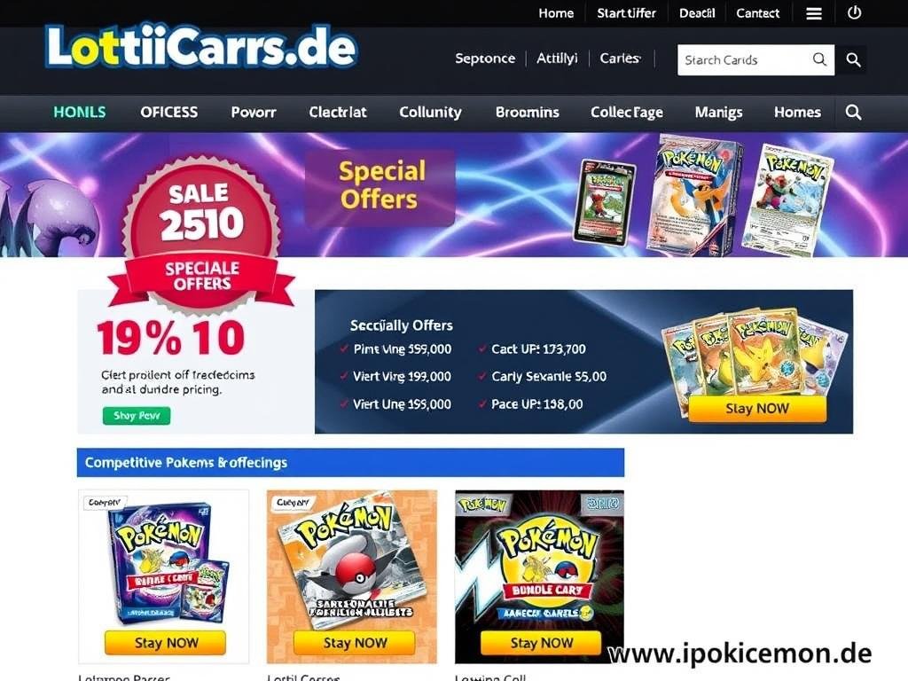 LottiCards.de Website mit Pokémon Karten Angeboten und Sparpaketen