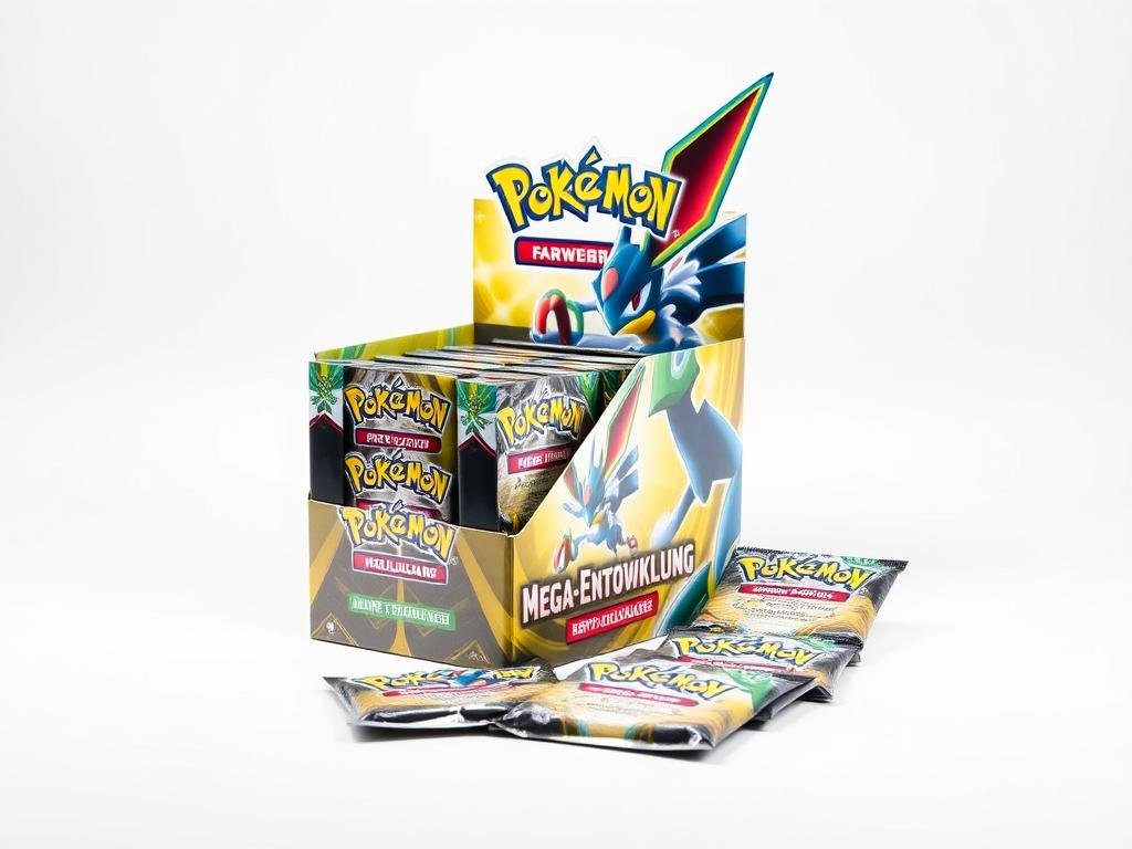 Mega-Entwicklung Pokémon Karten Booster Display mit Mega-Lucario als Hauptmotiv