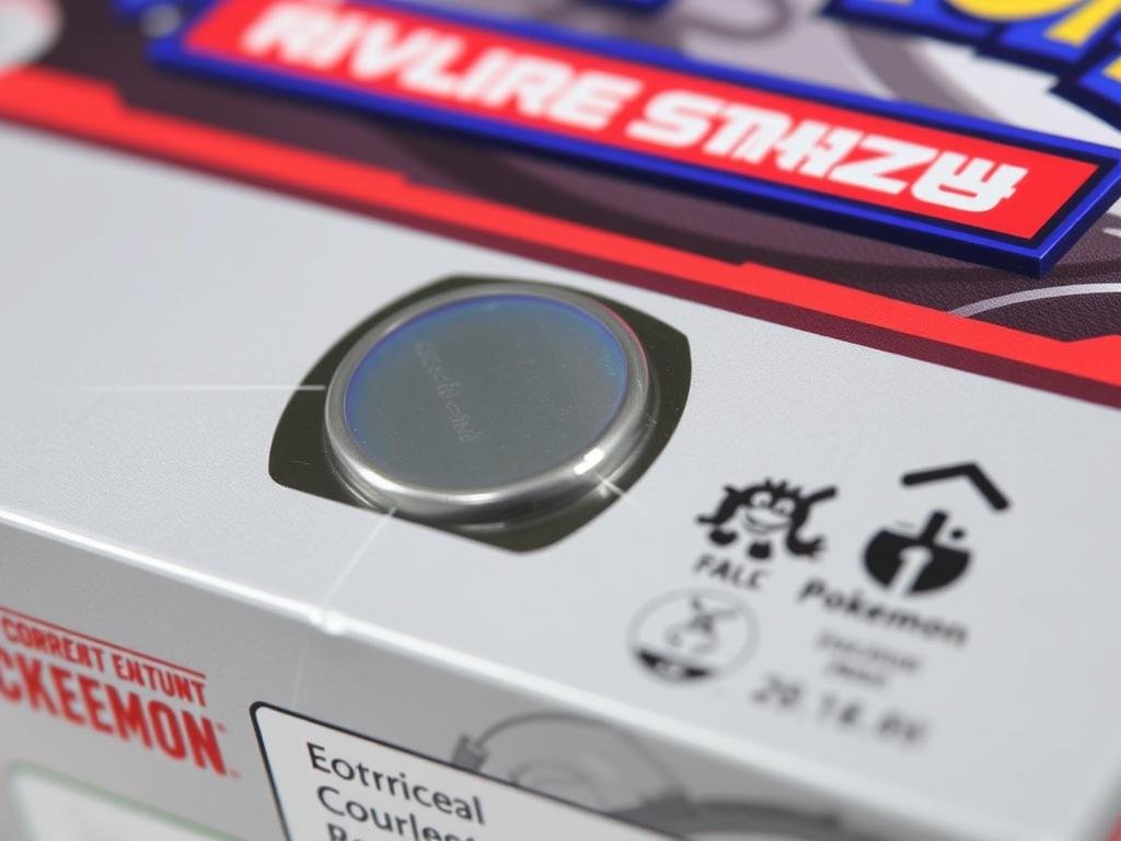Nahaufnahme der Sicherheitsmerkmale einer originalen Pokémon Booster Box