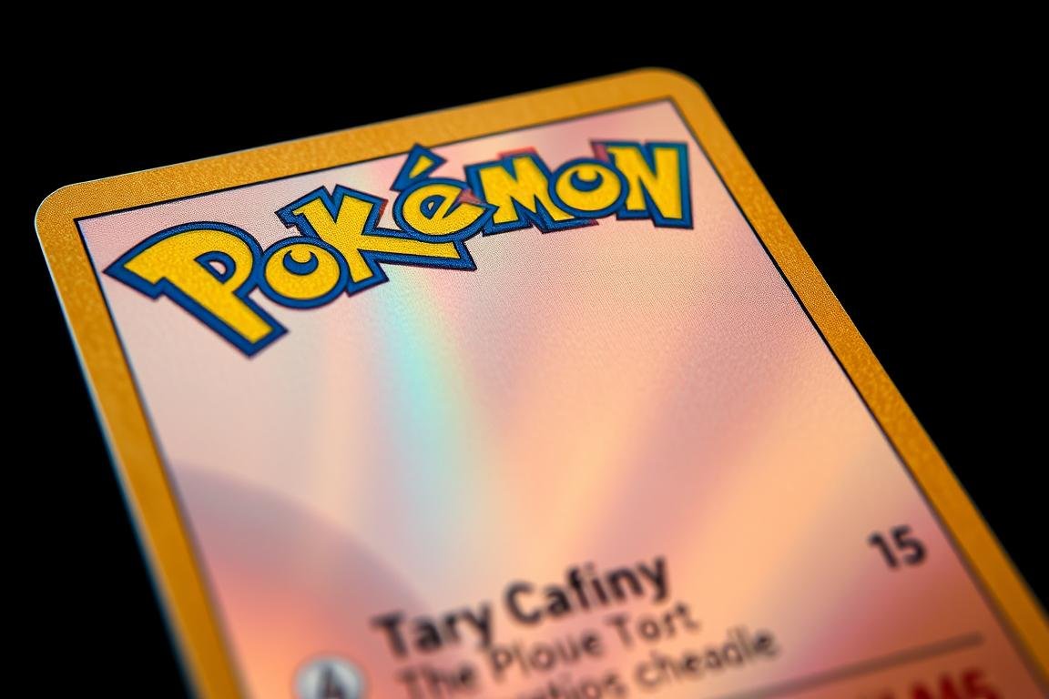 Nahaufnahme einer echten Pokémon Karte mit Hologramm Nahaufnahme einer echten Pokémon Karte mit Hologramm