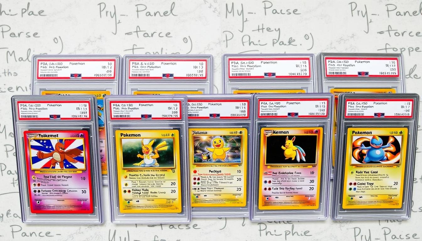 PSA bewertete Pokémon Karten in Schutzhüllen mit verschiedenen Bewertungsstufen