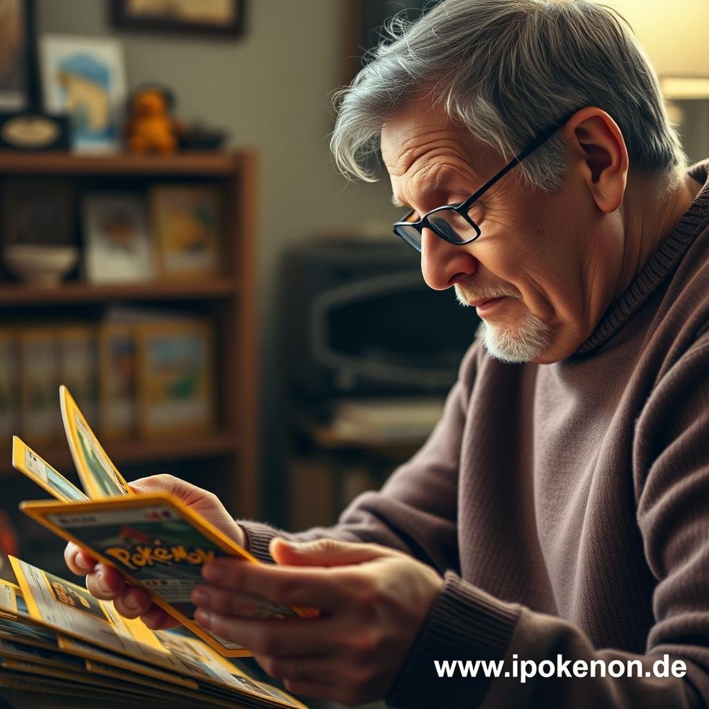 Person betrachtet nostalgisch ihre Pokémon Kartensammlung