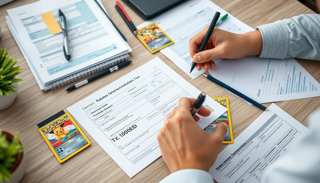 Person füllt Einkommensteuererklärung aus mit Pokémon Karten und Geschäftsunterlagen