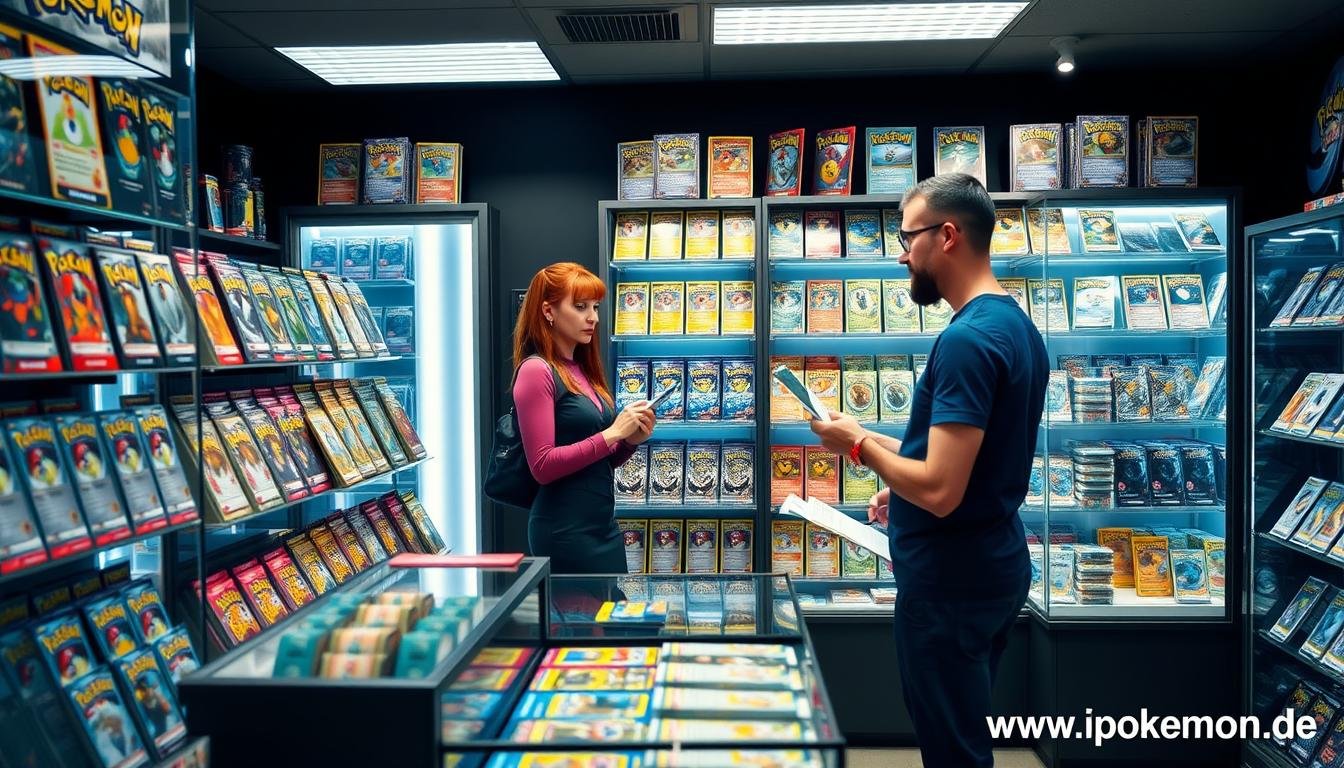 Person kauft Pokémon Karten in einem spezialisierten Fachgeschäft