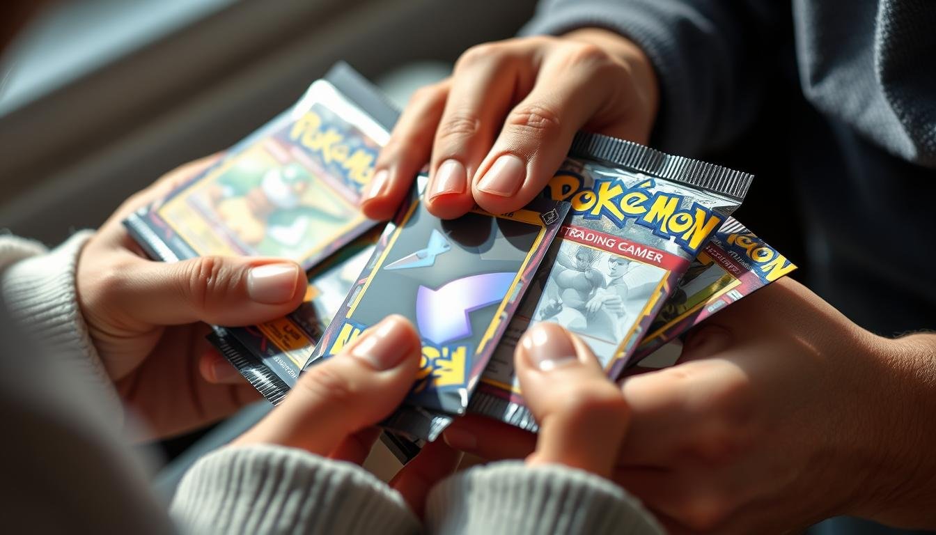 Person öffnet einen Pokémon Karten Booster und entdeckt eine seltene Karte