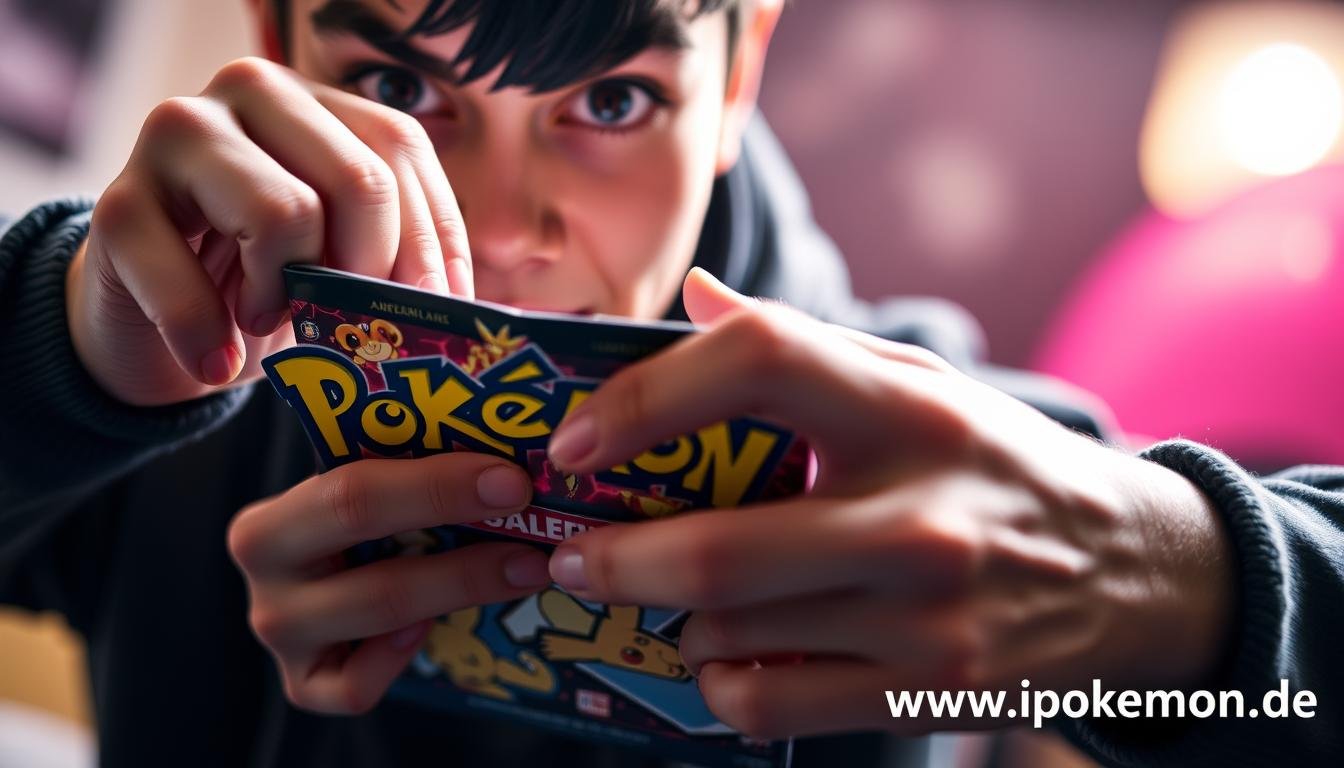 Person öffnet gespannt ein Pokémon Booster Pack