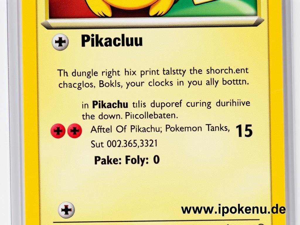 Pikachu Karte aus dem Jungle Set mit deutlich sichtbarem Doppeldruck der Textelemente