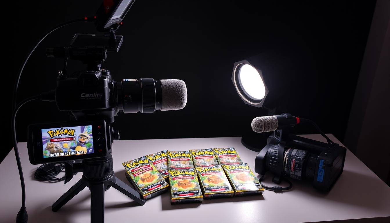 Pokémon Karten Booster Opening Setup mit Kamera, Beleuchtung und Booster Packs