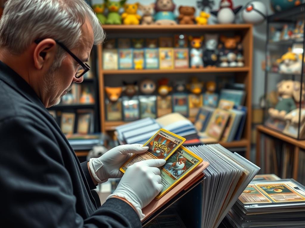 Pokémon Karten Sammler beim Betrachten seiner Kollektion