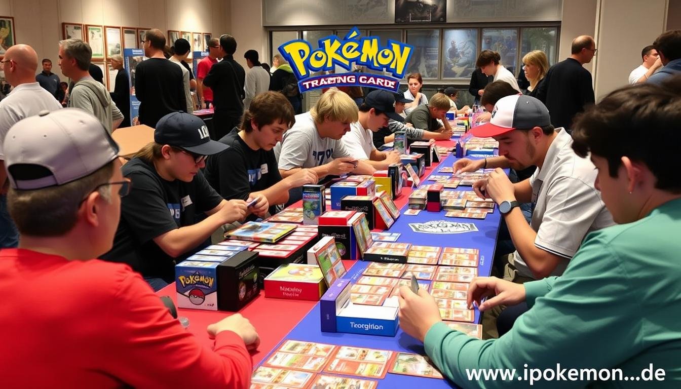 Pokémon Karten Turnier mit vielen Spielern an Tischen