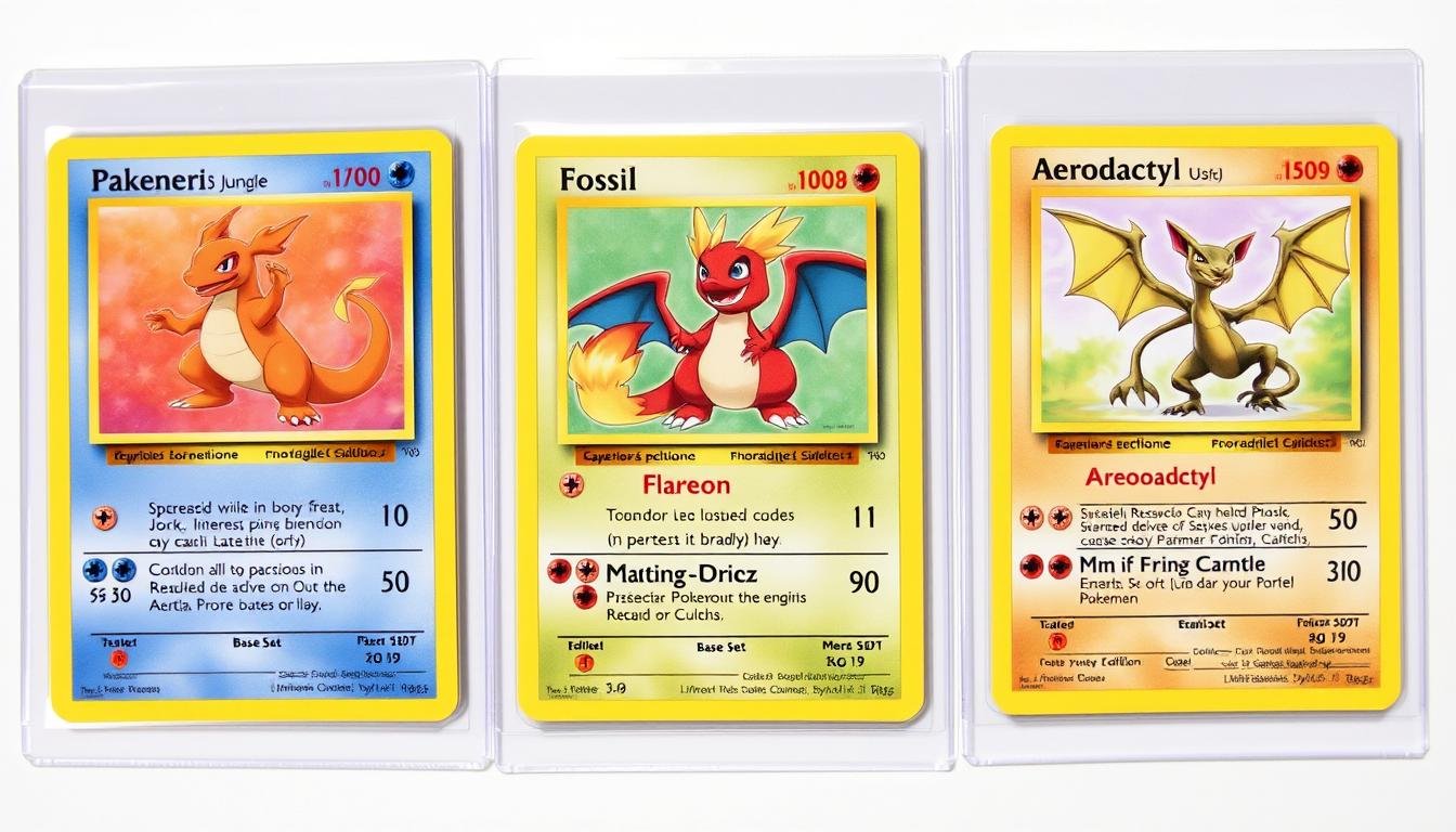 Pokémon Karten aus dem Base Set, Jungle und Fossil nebeneinander