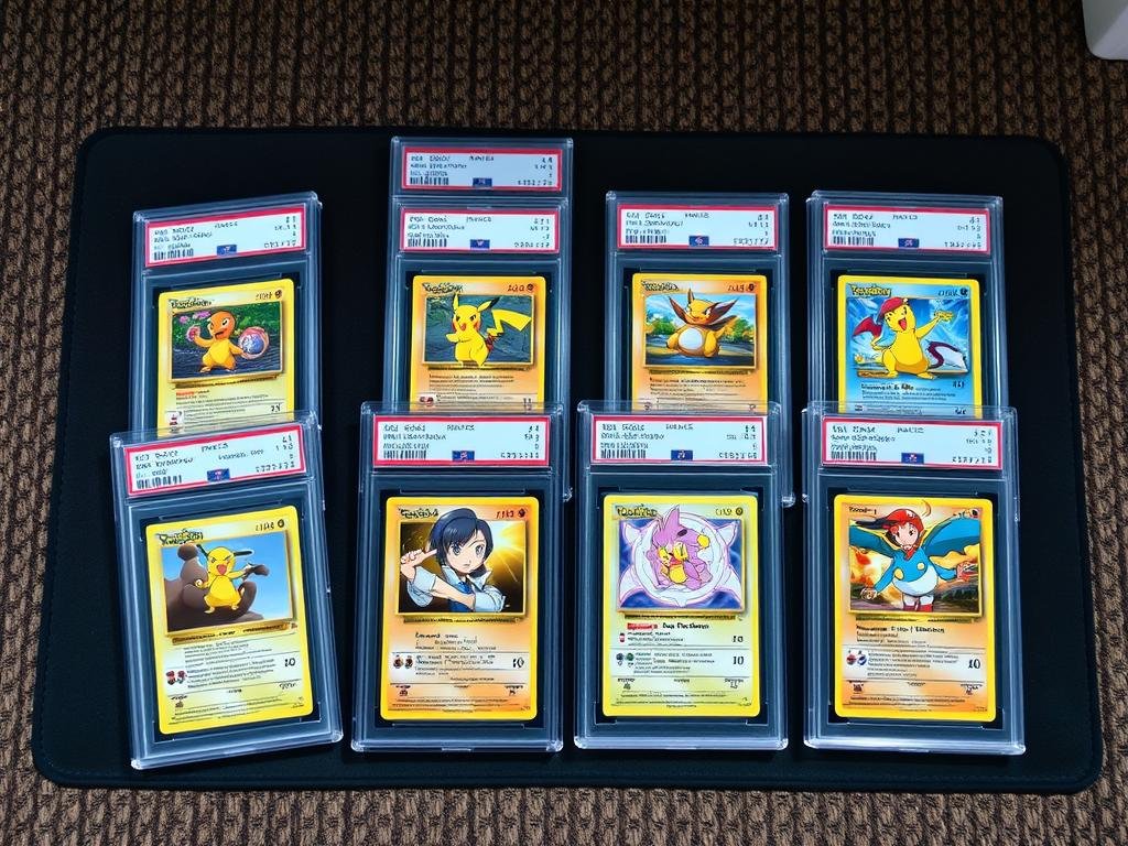 Pokémon-Karten in professionellen Schutzhüllen und Bewertungsgehäusen