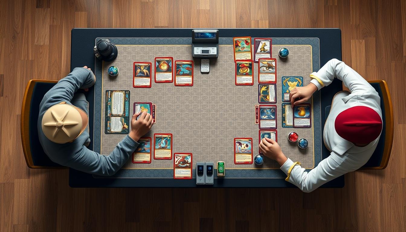 Pokémon Trading Card Game (TCG) Spielsituation mit ausgelegten Karten und zwei Spielern