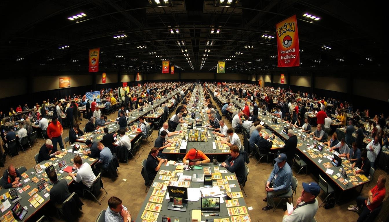 Pokémon Turnier aus den frühen 2000er Jahren mit vielen Spielern an Tischen