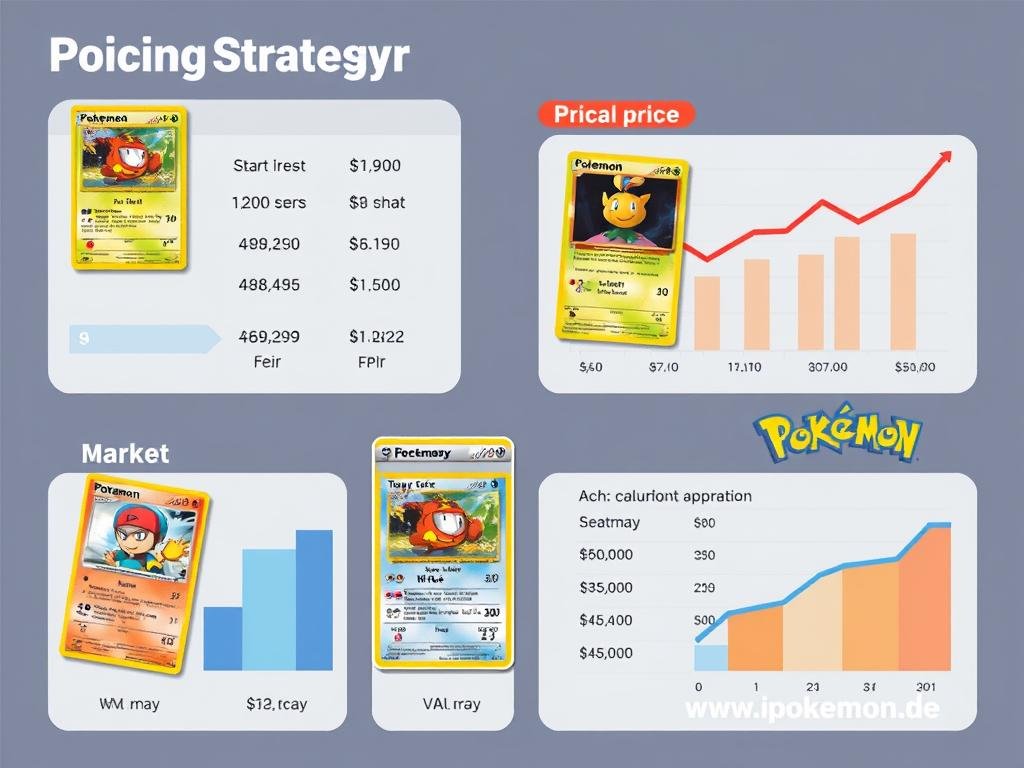 Preisstrategien für Pokémon Karten mit Preisschildern und Wertsteigerungsgrafiken