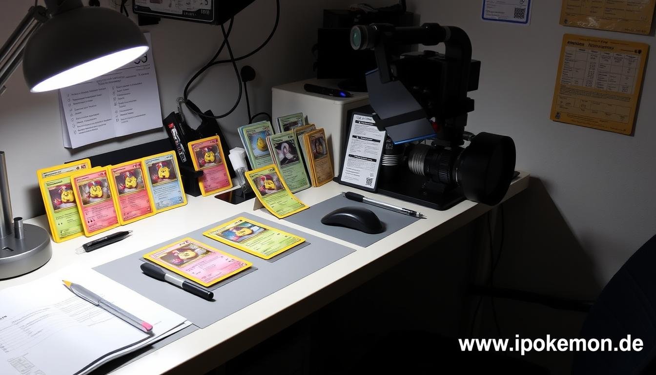 Professioneller Arbeitsplatz zur Inspektion von Pokémon Karten mit spezialisierten Werkzeugen