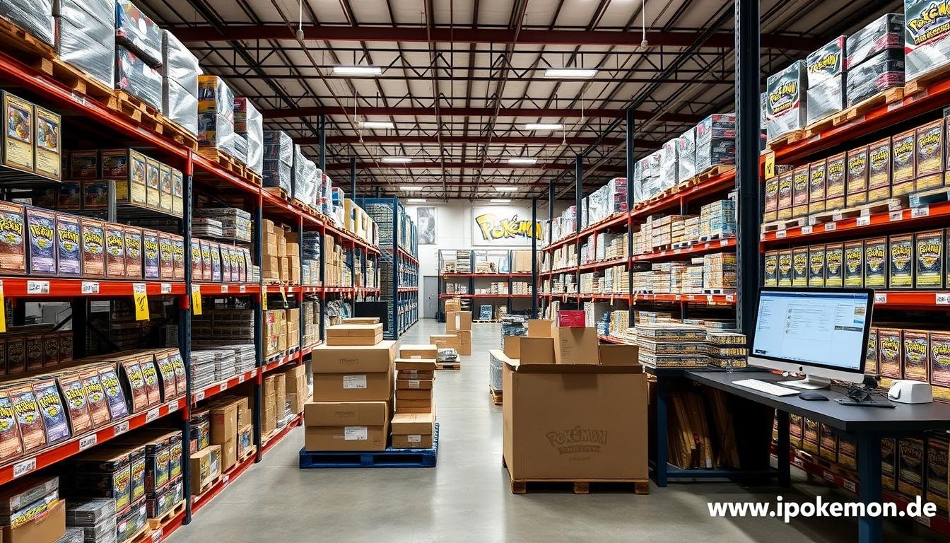Professionelles Lager mit Pokémon Karten Produkten und Logistik