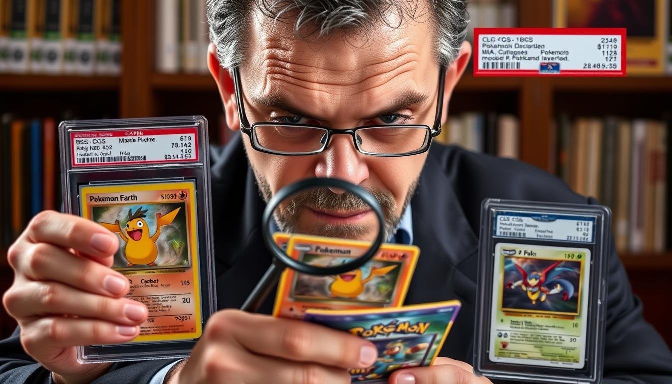 Sammler betrachtet verschiedene Pokémon Karten und Grading-Optionen