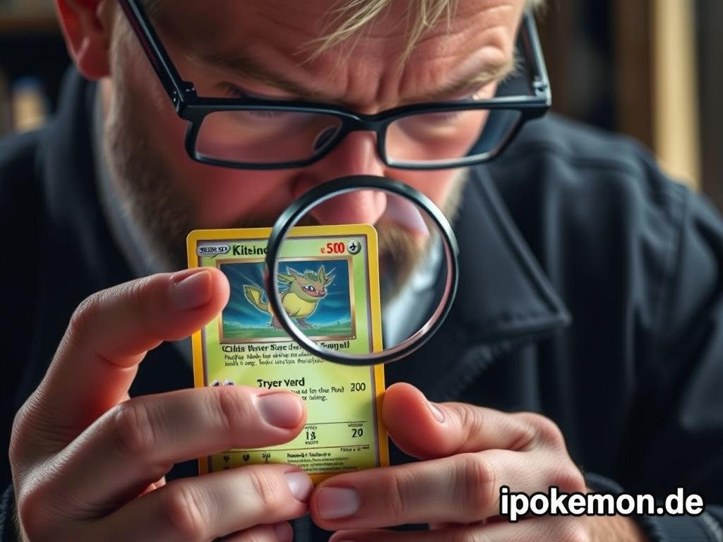 Sammler betrachtet wertvolle Pokémon Karte mit Lupe