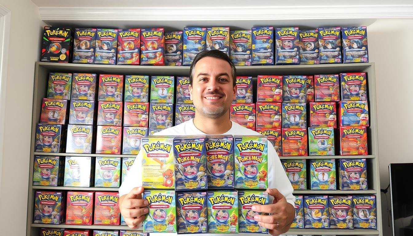 Sammler mit umfangreicher Pokémon Booster Box Sammlung