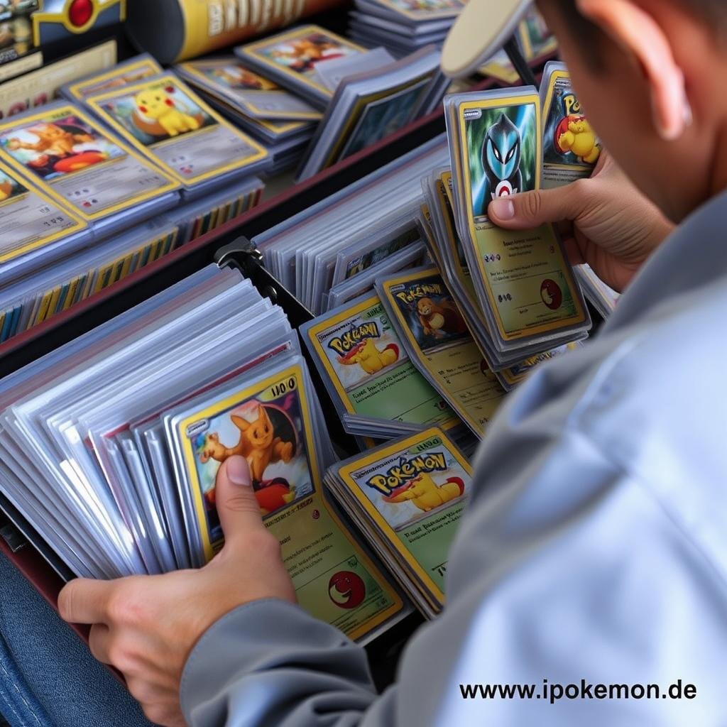 Sammler sortiert seine Pokémon Karten in Ordnern
