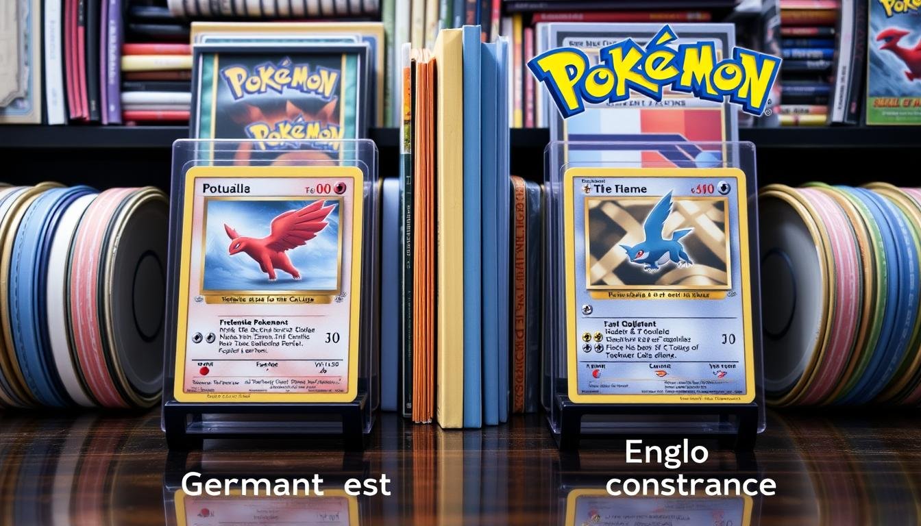 Sammlung mit deutschen und englischen Pokémon Karten nebeneinander