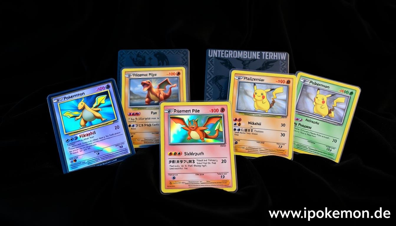 Sammlung seltener Pokémon Karten Limited Editions auf schwarzem Hintergrund