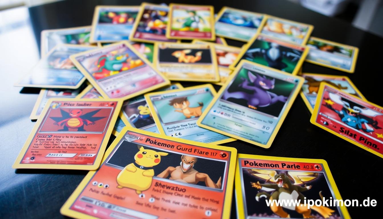Sammlung verschiedener Pokémon Karten mit Pikachu im Vordergrund