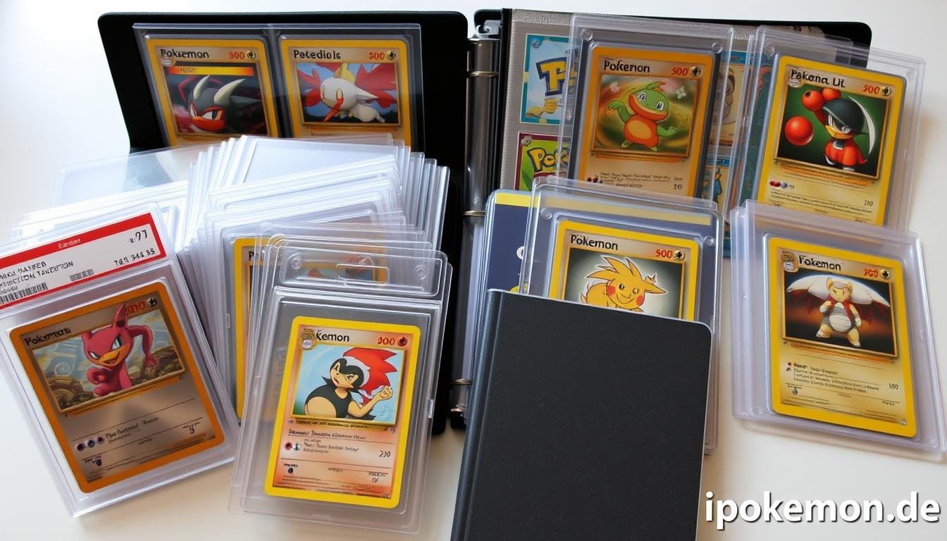 Sammlung von Pokémon Karten in verschiedenen Schutzhüllen und Aufbewahrungssystemen