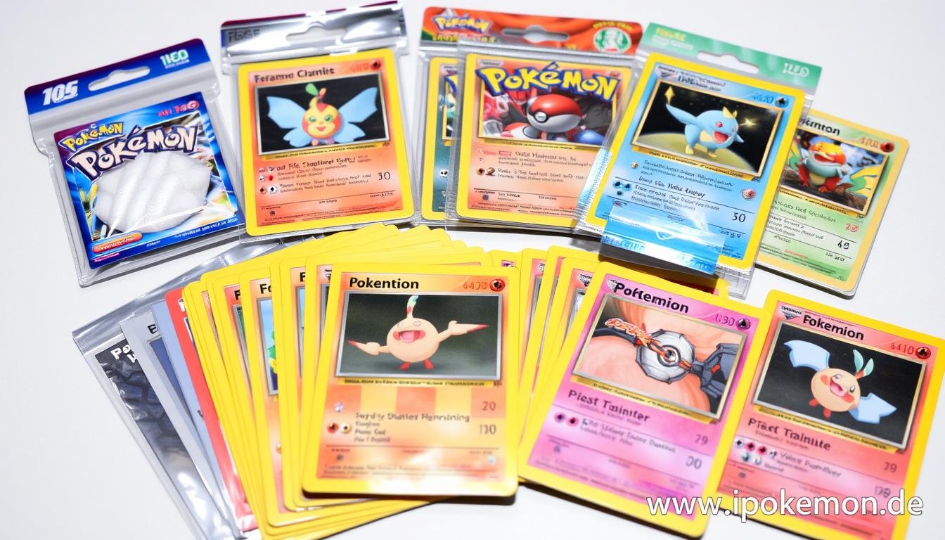 Sammlung von Pokémon Karten mit verschiedenen Schutzprodukten gegen Feuchtigkeit