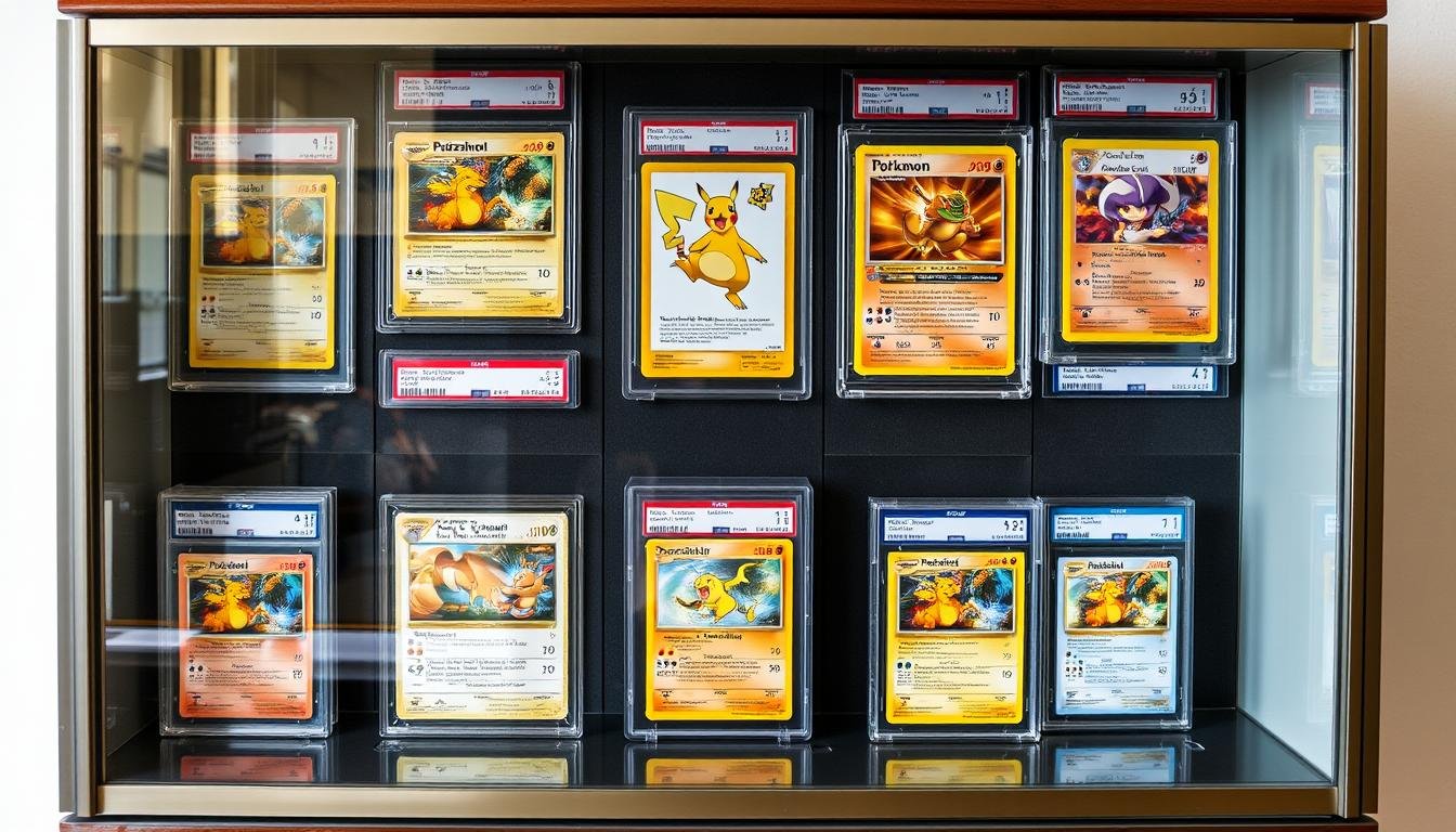 Sammlung von bewerteten Pokémon Karten in einer Vitrine