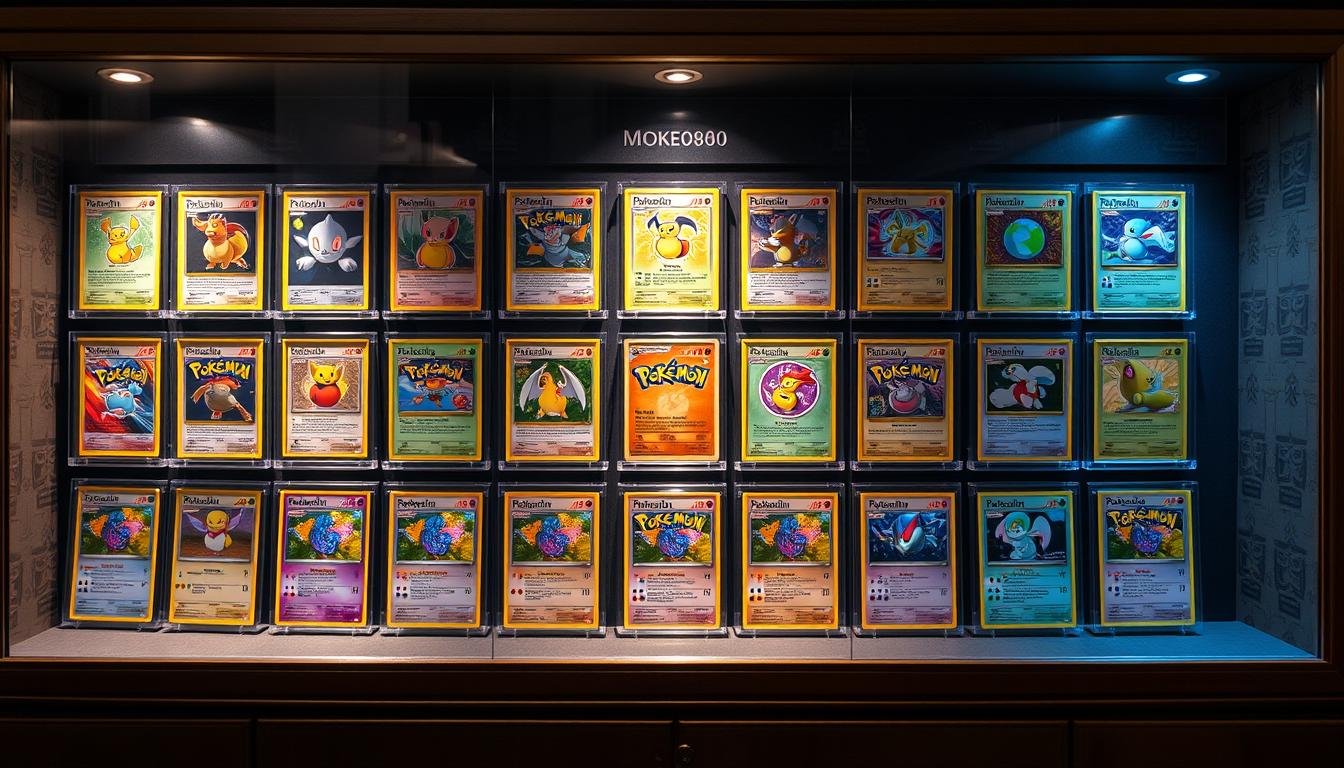 Sammlung wertvoller Pokémon Karten in einer Vitrine
