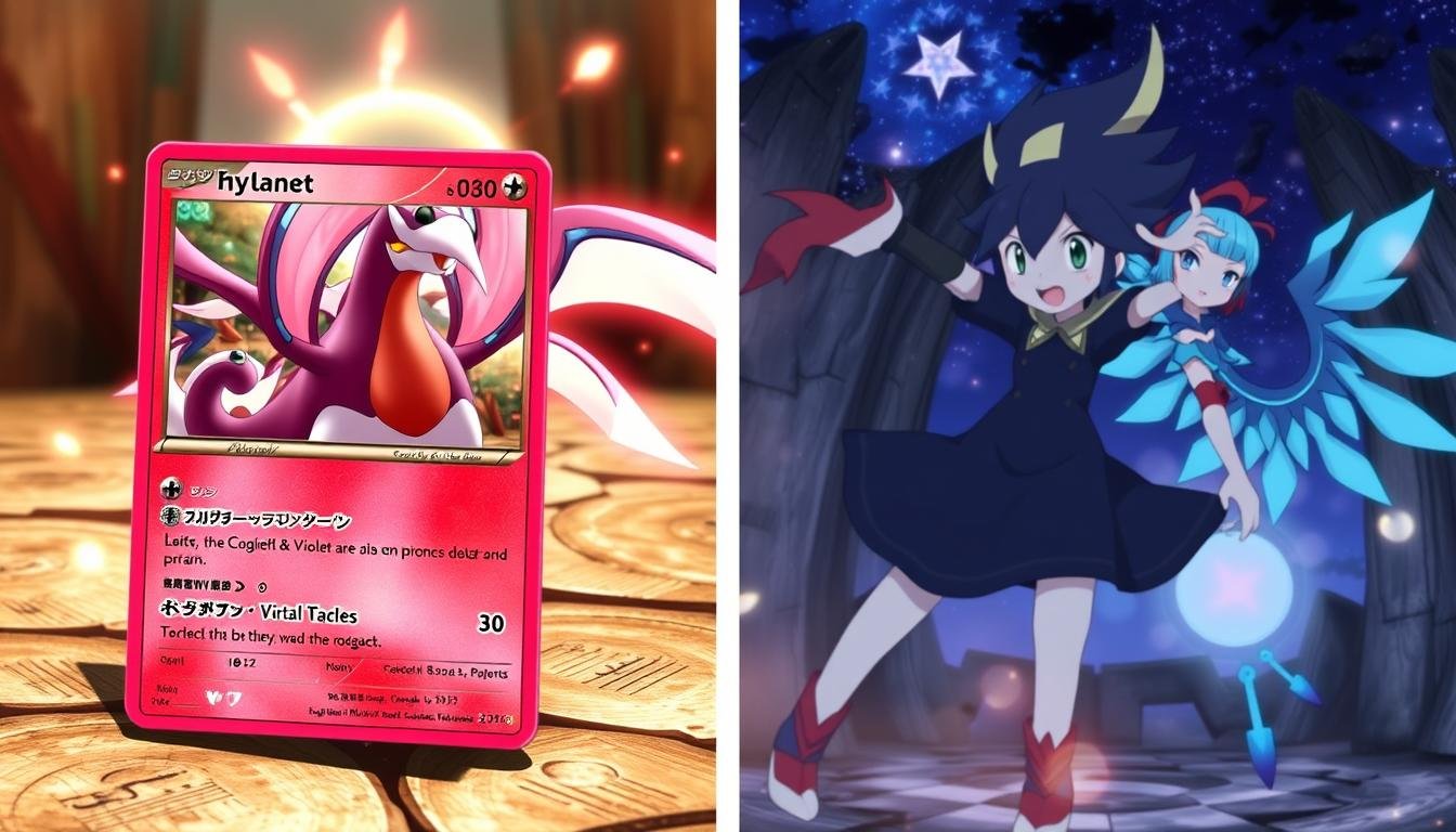 Scarlet & Violet Pokémon Karten neben Szenen aus dem neuesten Anime
