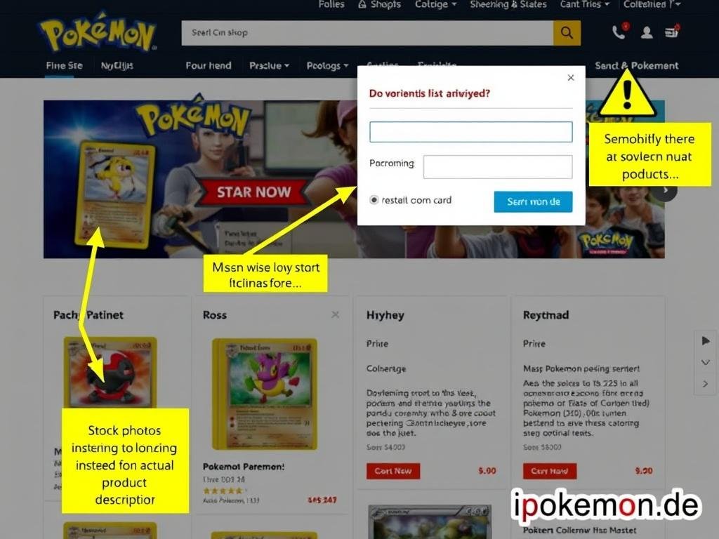 Screenshot eines verdächtigen Online-Shops für Pokémon Karten mit Warnzeichen