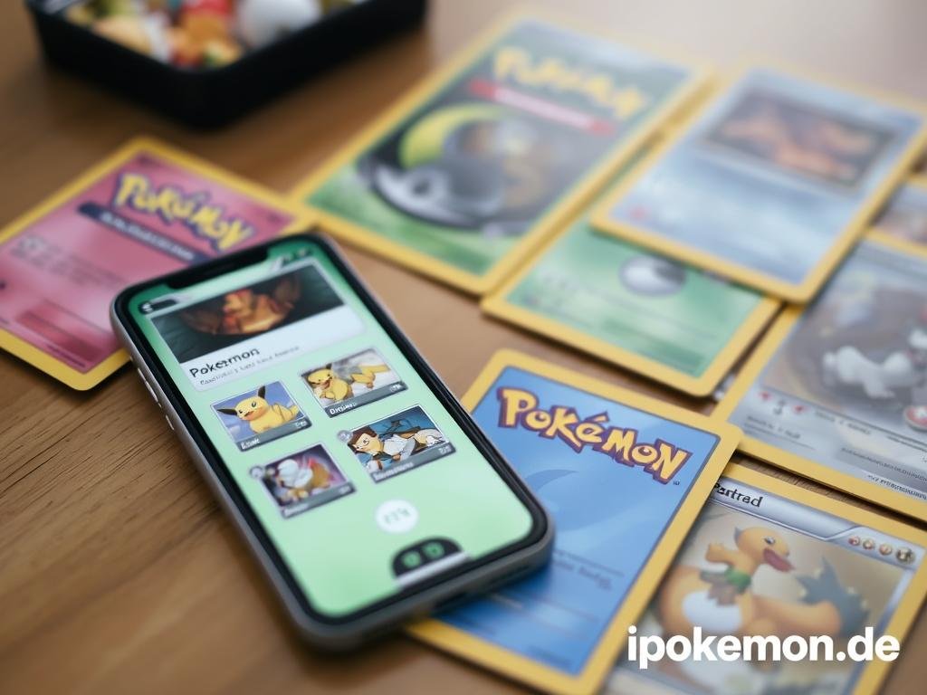 Smartphone mit digitaler Pokémon Karten App neben physischen Karten