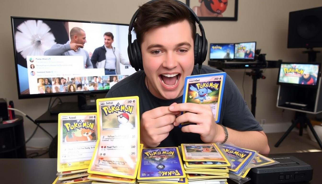 Social Media Influencer öffnet Pokémon Kartenpackungen in einem Livestream