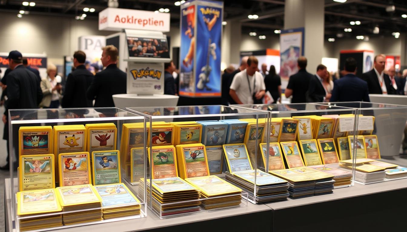 Sortierte Pokémon Karten in Displayboxen für Messen