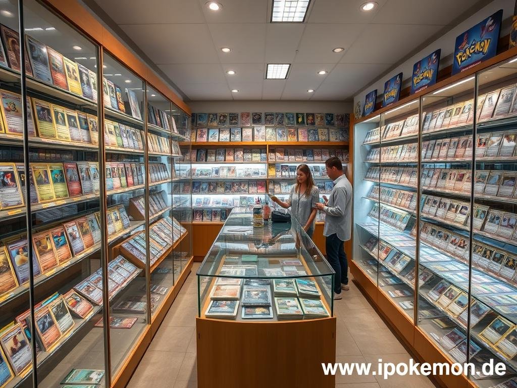 Spezialisierter Pokémon Karten Händler mit Vitrinen voller seltener Karten