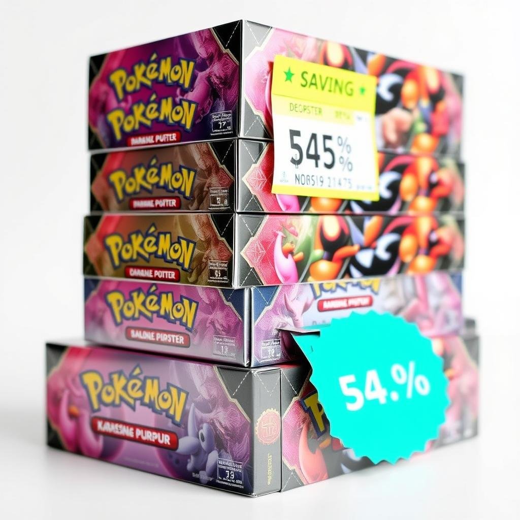 Stapel von Pokémon Booster Boxen mit Preisersparnis-Markierung