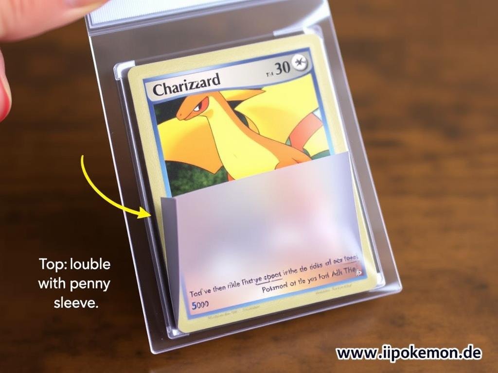 Stufenweise Schutzmethode für wertvolle Pokémon Karten mit Penny Sleeve und Top Loader