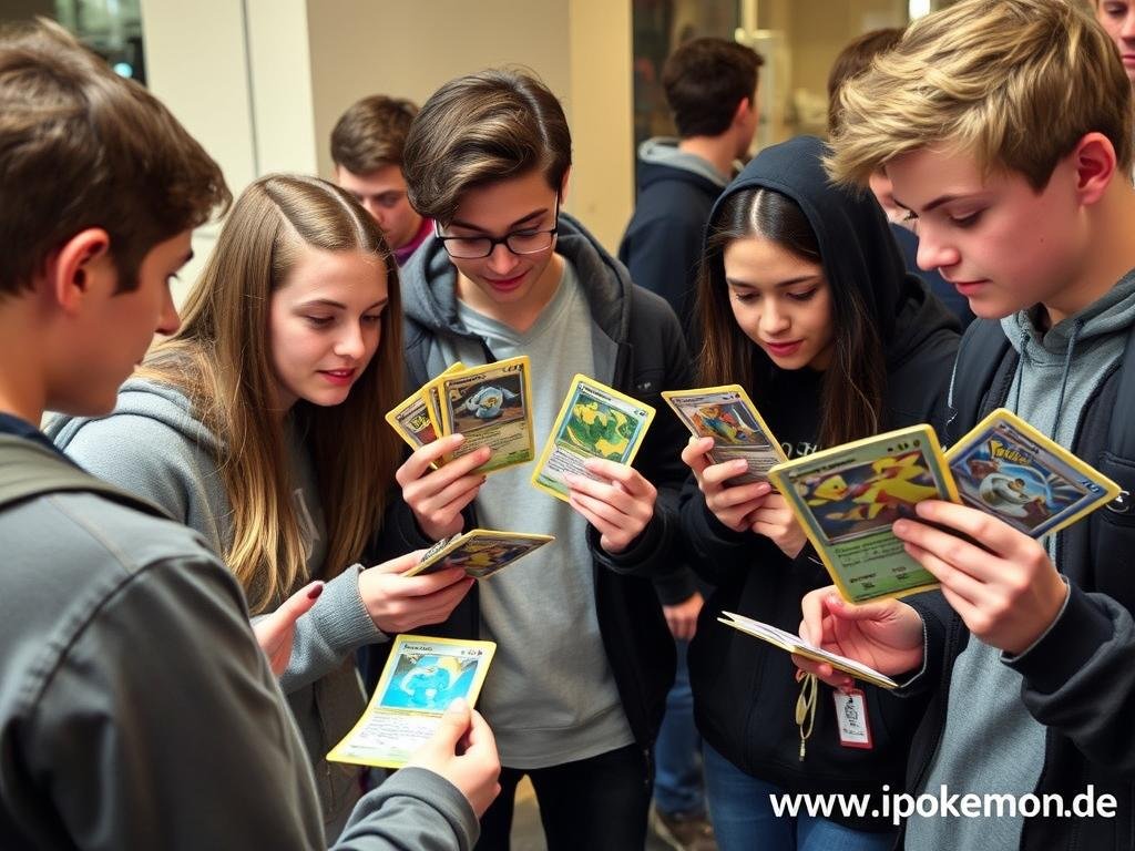 Teenager beim Tauschen von Pokémon Karten