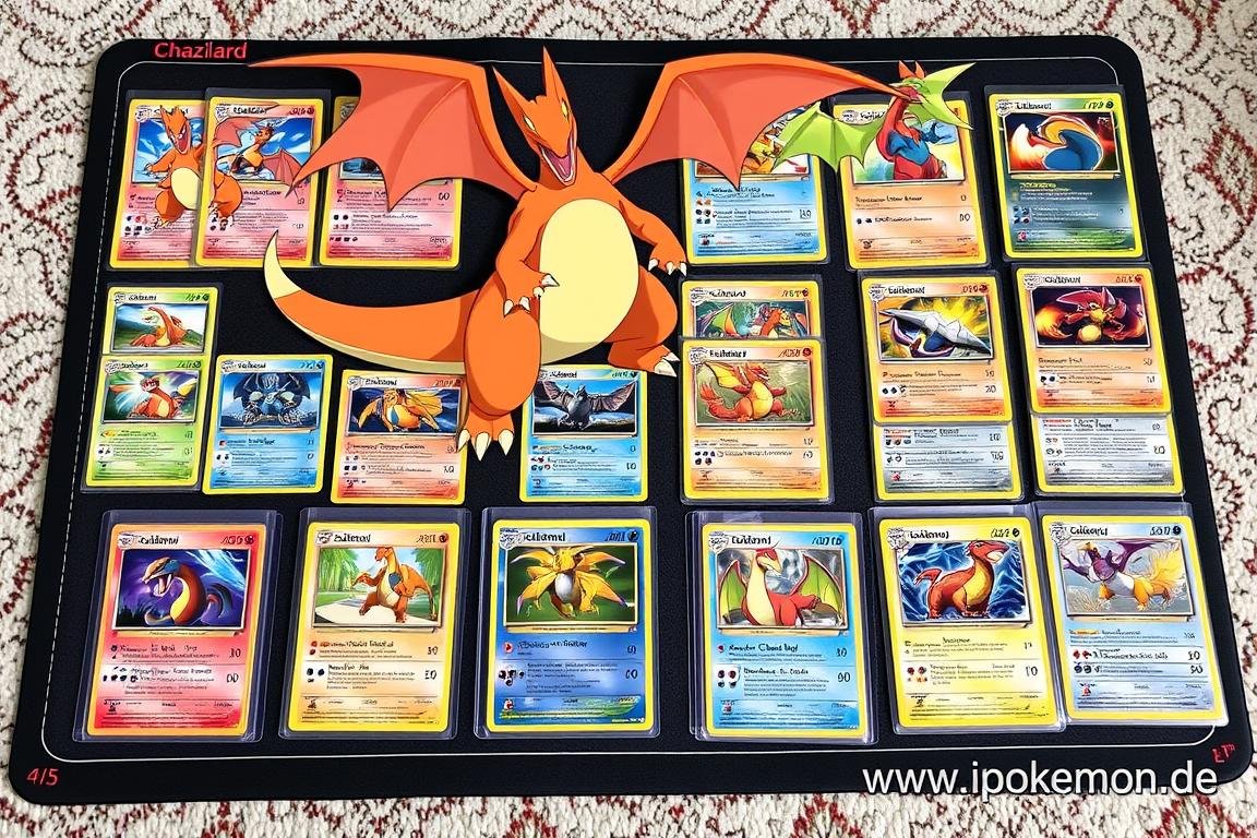 Thematische Sammlung von Glurak-Karten verschiedener Editionen und Designs