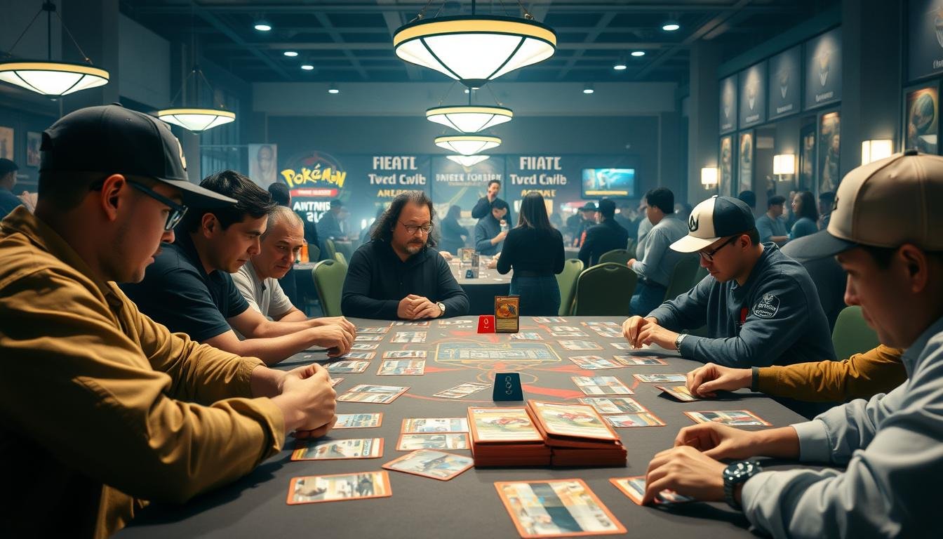 Übersicht eines Pokémon Turnierspiels mit ausgelegten Karten
