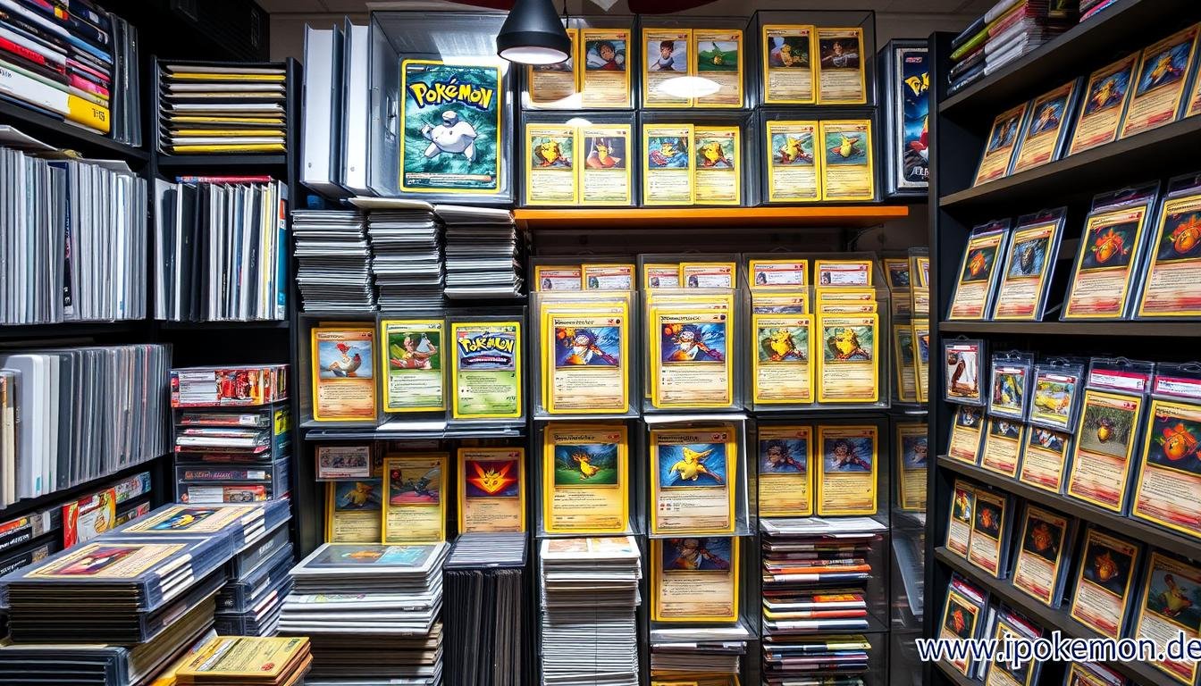 Umfangreiche und gut organisierte Pokémon Karten Sammlung in Ordnern und Displays