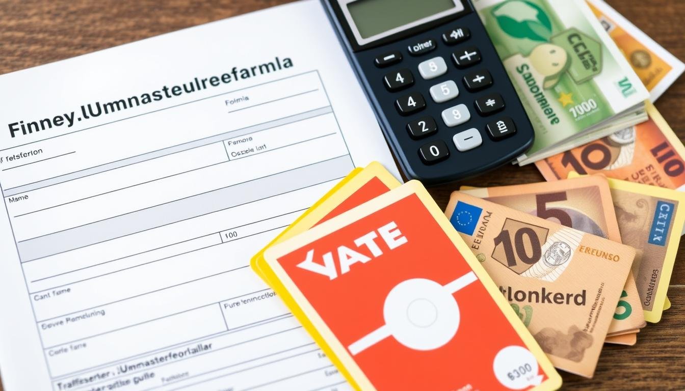 Umsatzsteuerformular neben Pokémon Karten und Taschenrechner