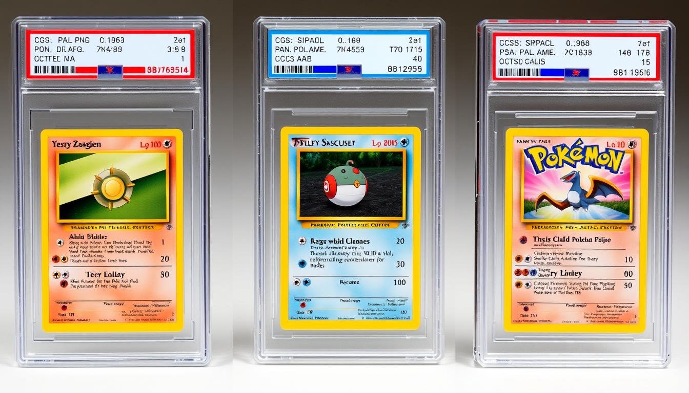 Vergleich von PSA, BGS und CGC bewerteten Pokémon Karten nebeneinander